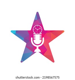 Podcast time star shape concept vector logo design template. Mic clock vector logo design icon.