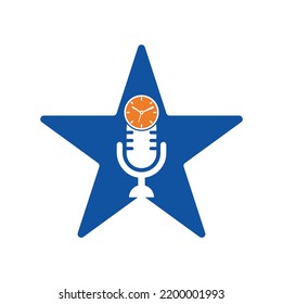 Podcast time star shape concept vector logo design template. Mic clock vector logo design icon.