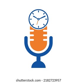 Podcast time vector logo design template. Mic clock vector logo design icon.