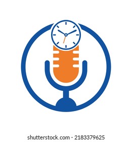 Plantilla de diseño de logotipo vectorial de tiempo de podcast. Icono de diseño del logotipo del vector del reloj de micrófono.