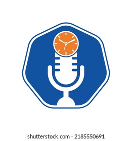 Plantilla de diseño de logotipo vectorial de tiempo de podcast. Icono de diseño del logotipo del vector del reloj de micrófono.