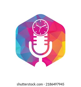 Podcast time vector logo design template. Mic clock vector logo design icon.