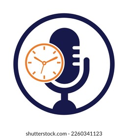 Podcast time vector logo design template. Mic clock vector logo design icon.
