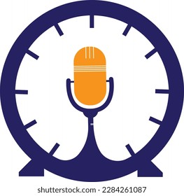 Plantilla de diseño de logotipo vectorial de tiempo de podcast. Icono de diseño del logotipo del vector del reloj de micrófono.
