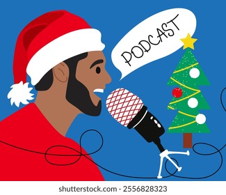 Podcast concept, Radio host, Merry Christmas. Media tool, mic and speech bubble. Male podcaster speaking to mic, broadcaster at workspace. Vector illustration.