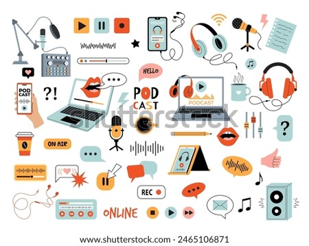 Podcast tools. Streaming web show digital devices tablets laptop speakers microphones headphones recent vector flat pictures set