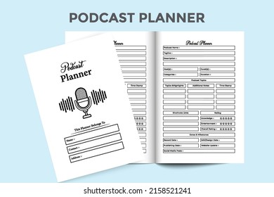 Podcast topic planner interior. Radio station daily activity and record information tracker notepad interior. Interior of a journal. Podcast planner and guest info tracker template.