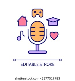 Podcast topic RGB color icon. Entertainment platform. Streaming media. Content production. Radio show themes. Isolated vector illustration. Simple filled line drawing. Editable stroke. Arial font used