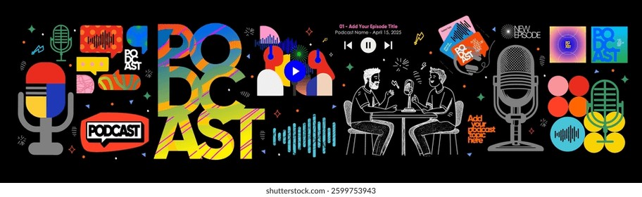 Podcast. Vector abstract illustrations of 2 people talking into microphone, interview, player, sound track, bubble, headphones, geometric design shapes