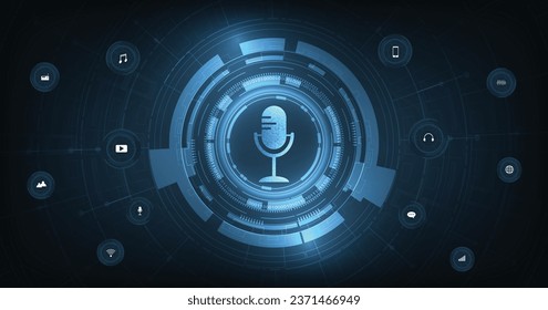 Podcast vector concept. Podcast logo, Microphone icon on dark blue background.