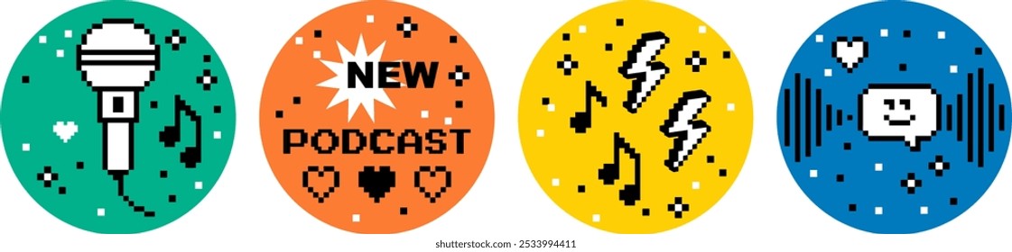 Podcast vector design elements in pixel art. Trendy Y2k retro sticker set. Playful modern shapes for collage, poster. Smiling face, heart, microphone, music note, radio. Mood of 90's aesthetics. 8 bit