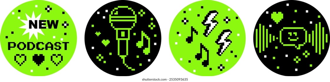 Podcast vector design elements. Pixel art. Y2k. Black, acid green. Trendy retro round sticker set. Playful modern shapes for collage, poster. Microphone, music note, radio. Mood of 90's aesthetics