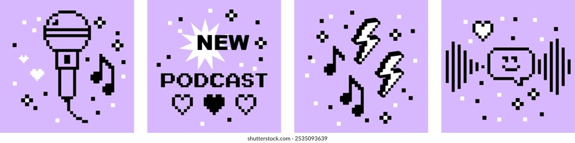 Podcast vector design elements. Pixel art. Y2k. Trendy retro square card set. Playful modern shapes for post, poster, cover, bg. Heart, microphone, music note, radio. Mood of 90's aesthetics. 8 bit