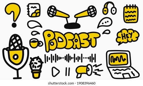 Podcast vector doodle collection. Yellow color set of online podcast icons and black outline. Flat audio interview illustration with microphone and headphones. Record sound and voice for social media