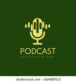 Podcast. Ilustración plana vectorial, icono, diseño de logotipo sobre fondo verde oscuro.