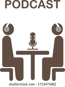 Icono vector podcast. Icono de transmisión en vivo, broadcast plana vectorial. Dos personas colaboran con blogueros de redes sociales. Entrevista, podcast, grabación de audio en estudio.