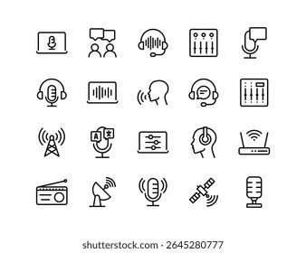 Conjunto de ícones do vetor do podcast | Espessura ajustável da linha | Microfone, voz, headset, rádio, fala, edição, stream, host, ouvinte, transmissão, laptop, som, sinal, ícones de estúdio