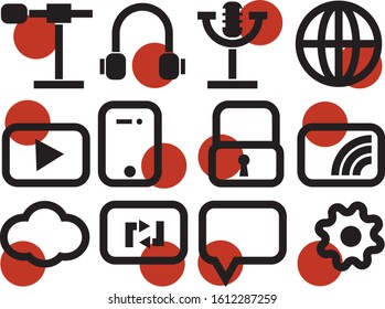Podcast vector icon set isolated on white background for online podcast station, vlogging, website, streaming, and mobile device 10 eps