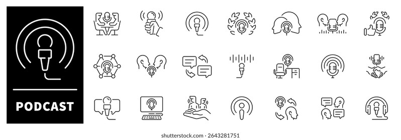 Ícones vetoriais do podcast. Ícones de linha fina relacionados a podcast e transmissão. Ícones vetoriais do podcast no estilo de linha