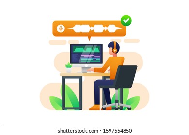 Podcast vector illustration. An audio editor is editing audio podcasts on a computer.
