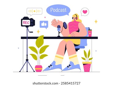 Podcast Vector Illustration featuring People Using Headsets to Record Audio, a Host Interviewing a Guest, or an Online Show with a Microphone