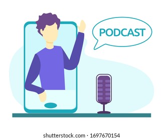Ilustración vectorial de podcast. Espectáculo de entrevistas, discusión y entrevista de personas. Comunicación de medios virtuales con micrófono. Influencia en el negocio del entretenimiento de marketing