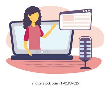 Ilustración vectorial de podcast. Espectáculo de entrevistas, discusión y entrevista de personas. Comunicación de medios virtuales con micrófono. Influencia en el negocio del entretenimiento de marketing