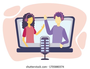 Ilustración vectorial de podcast. Espectáculo de entrevistas, discusión y entrevista de personas. Comunicación de medios virtuales con micrófono. Influencia en el negocio del entretenimiento de marketing