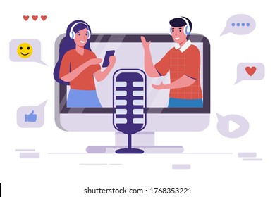 Podcast Vector Illustration. Flat E-radio Talk Show, Discussion And Interview Persons Concept. Virtual Media Communication With Microphone. Influencer Marketing Entertainment Performance Business