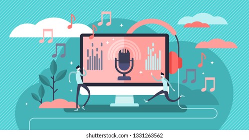 Podcast Vector Illustration. Flat Tiny E-radio Talk Show, Discussion And Interview Persons Concept. Virtual Media Communication With Microphone. Influencer Marketing Entertainment Performance Business