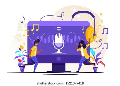 Podcast vector illustration. Flat tiny e-radio talk show, discussion and interview persons concept. Virtual media communication with microphone. Influencer marketing entertainment performance business