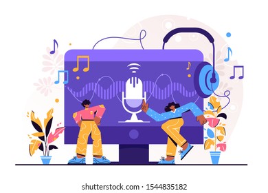 Podcast vector illustration. Flat tiny e-radio talk show, discussion and interview persons concept. Virtual media communication with microphone. Influencer marketing entertainment performance business