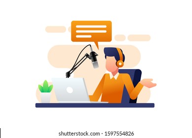 Podcast vector illustration. A man is doing live podcasts on his laptop.