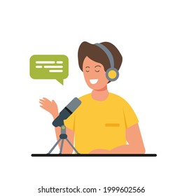 Podcast vector illustration, A man is doing live podcasts with his mic, Interview with radio host. vector flat illustration