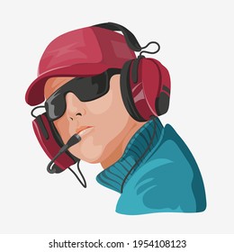 Podcast vector illustration. A man in headphones and glasses listening to music or radio. Radio broadcast. Music lover enjoy playlist of favorite songs. Online learning, self study concep