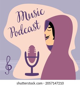 Podcast, Vektorgrafik. Ein Mann beherbergt Podcasts live mit einem Mikrofon.