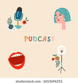 Ilustración vectorial de podcast con micrófono, luz de anillo, boca que habla, cara femenina y flores sobre fondo a cuadros