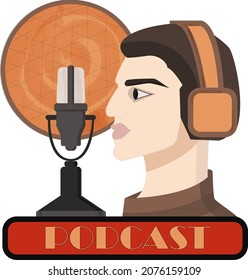 Podcast Vektorgrafik auf isoliertem Hintergrund, männlicher Podcast, Rundfunk, Radio, Online-Webinar, Schulung. Der junge Mann spricht mit Publikum, Gastgeber Podcast.