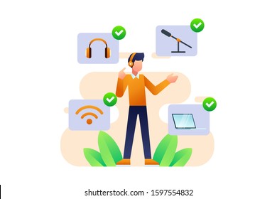 Podcast vector illustration. A podcaster is surrounded by gadget icons used for podcast.