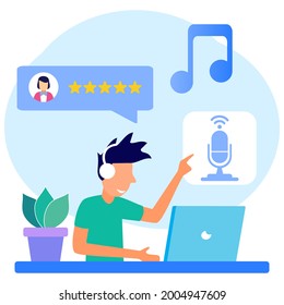 Podcast vector illustration. Talk show e-radio, influencer marketing entertainment performance business concept. Discussion and interview of people and music with microphone icon.