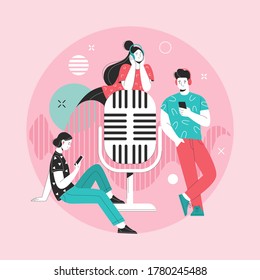 Podcast. Vector illustration in trendy flat style of three young people in headphones, placed around the microphone. Isolated on abstract background