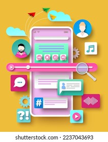Podcast vector. Mobile application infographic template. Interface for audio control 3d design illustration. Webinar, online training, radio show or audio blog live streaming concept