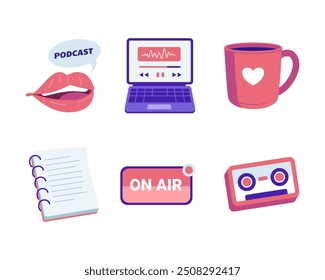 Podcast vector set. Microphone, Headphones, Sound Waves, Studio Recording, Broadcast, Streaming. Vector illustration isolated on white background