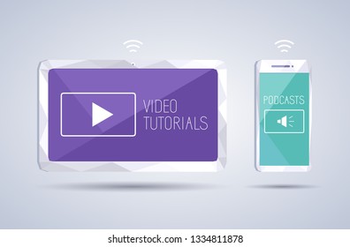 Podcast and video tutorials screen on smartphone and table. Online video and audio mobile apps, distance learning. Smart object