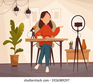 Podcast, vlogger or blogger create internet content. Vector flat illustration. Character creating video for blog or vlog review