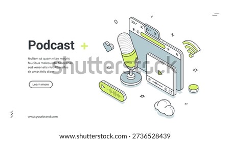 Podcast web banner. Isometric template for a landing page on audio streaming and broadcasting. Vector illustration with microphone, browser, player for online radio and media content