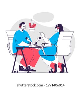 Podcast web concept. Man and woman recording audio podcast or interview. Live broadcasting people scene. Flat characters design for website. Vector illustration for social media promotional materials