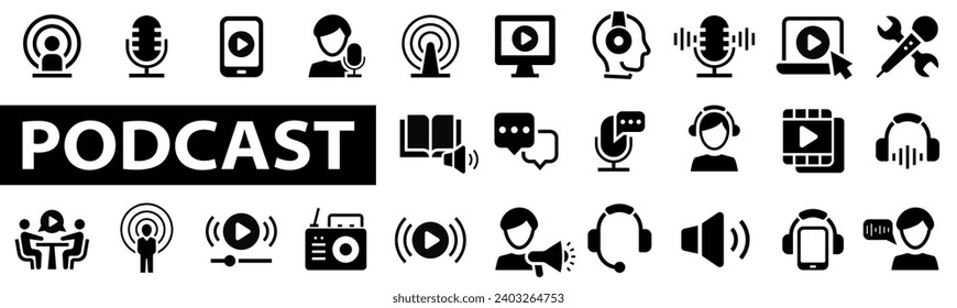 Podcast web icons in flat style. Containing audio, microphone, record, podcasting, radio, webcast, audio, video, news, broadcasting, entertainment icons. Vector illustration.