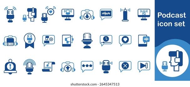 Podcast web icons set, criação, digital, público, website, parceria, sólido, blogagem, social, autor, comunidade, ícone, artigo, marketing, vlogger e mais