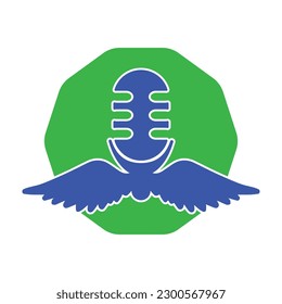 Podcast wings microphone logo with hexagon shape vector illustration.